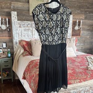 Vintage Black and Gold Floral Lace Midi Dress